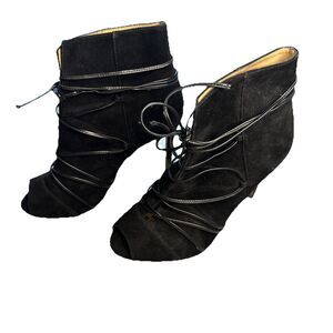 Antonio Melani Black Suede Peep Toe Booties Lace Up Heels Sz 7 M